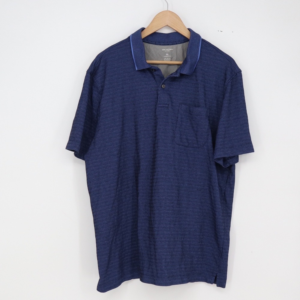 Van Heusen Polo Shirt Mens XL Classic Fit Flex Blue Textured Stripe Excellent
